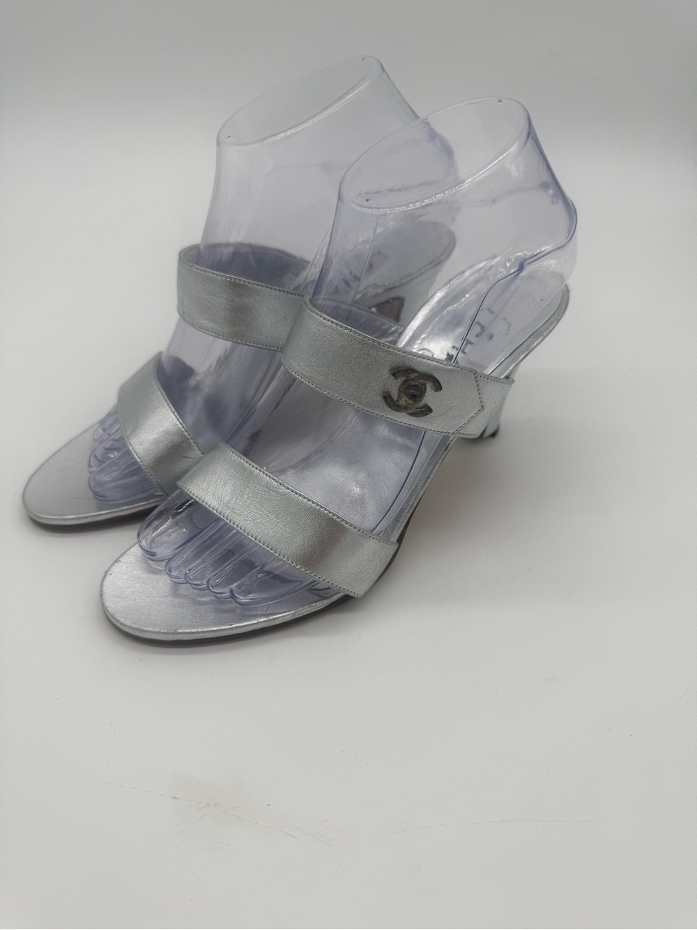 CHANEL Silver Metallic CC Turnlock Mules Heels 38